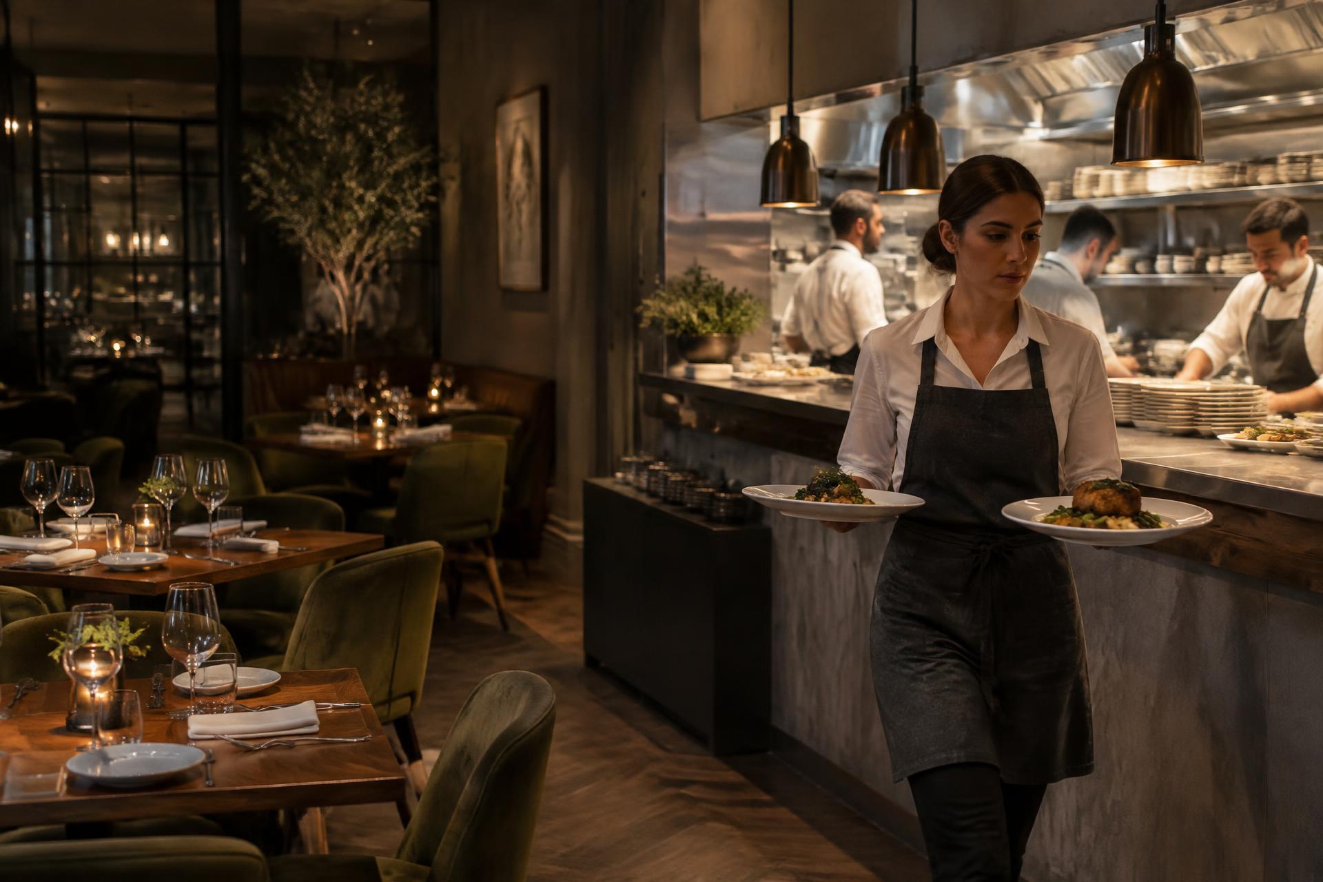 Illustrative restaurant scene with a server carrying meals from an open kitchen